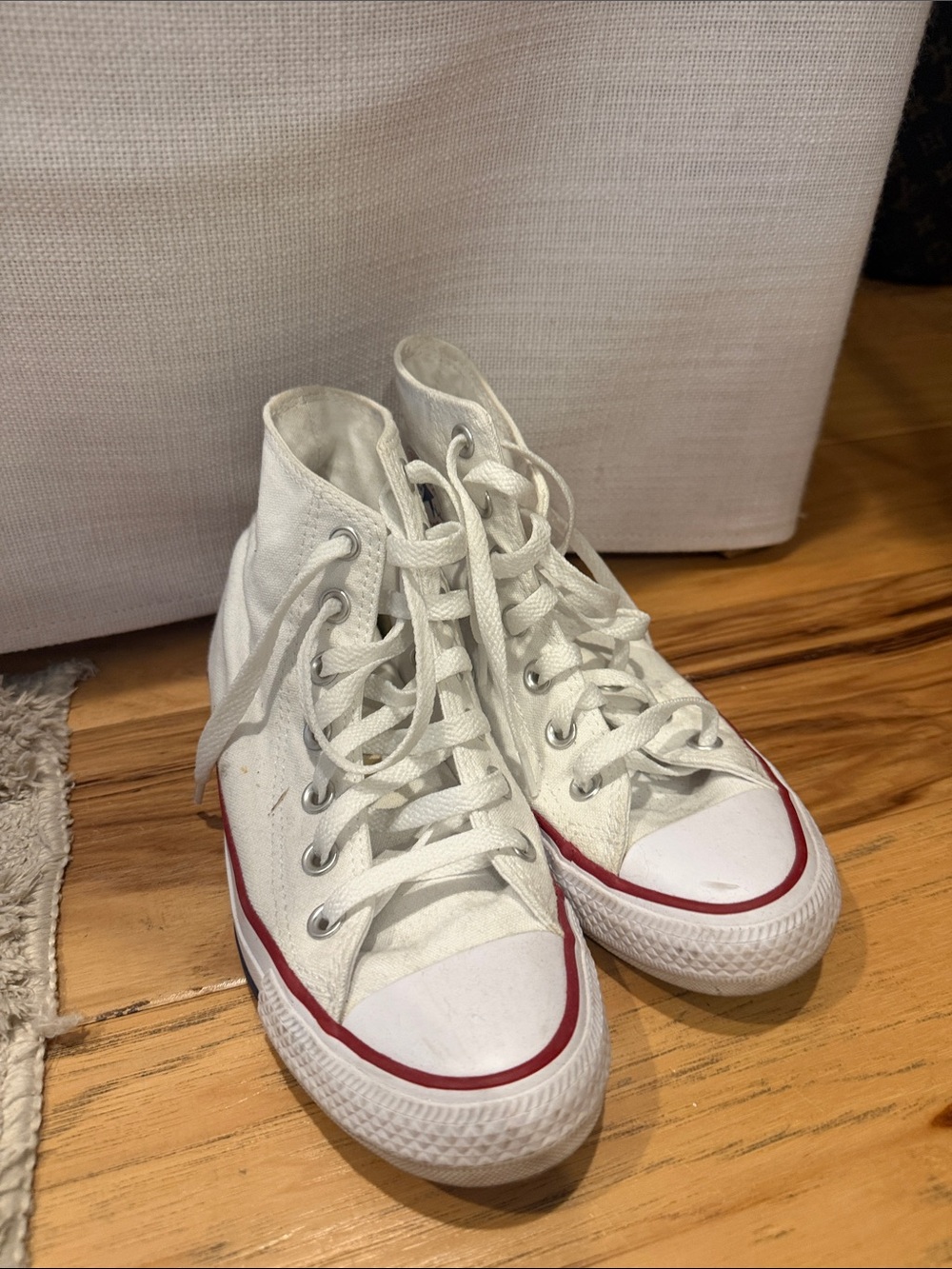 Converse White High-Top Sneakers with Red Stripe